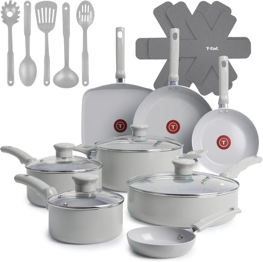 T-Fal Refresh Ceramic 20-Piece Nonstick Cookware Set, Moon Grey