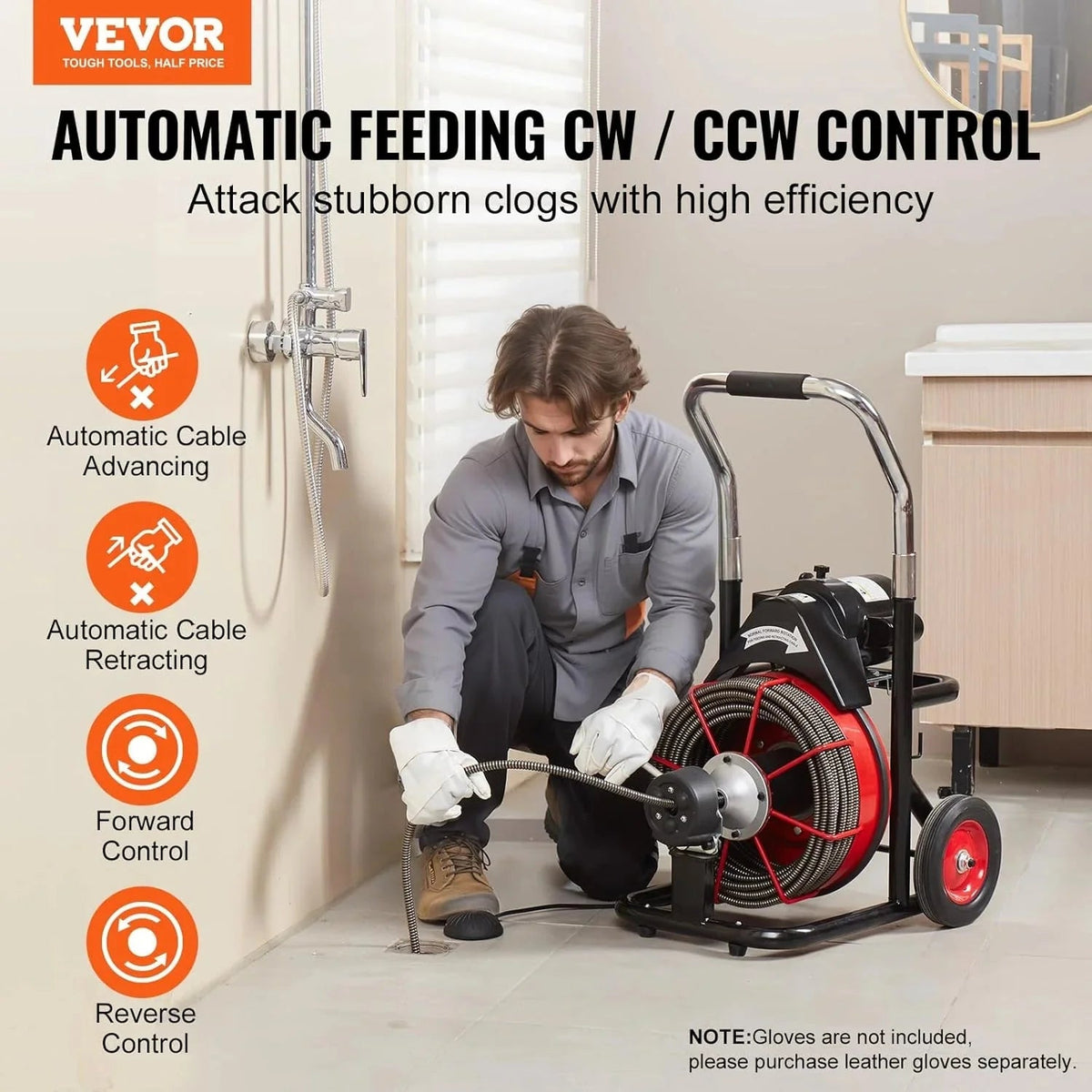 VEVOR Drain Cleaner Machine 100FT x 1/2 Inch, 550W, Red + Black - Drain Cleaner Machine 100 FT x 1/2 Inch