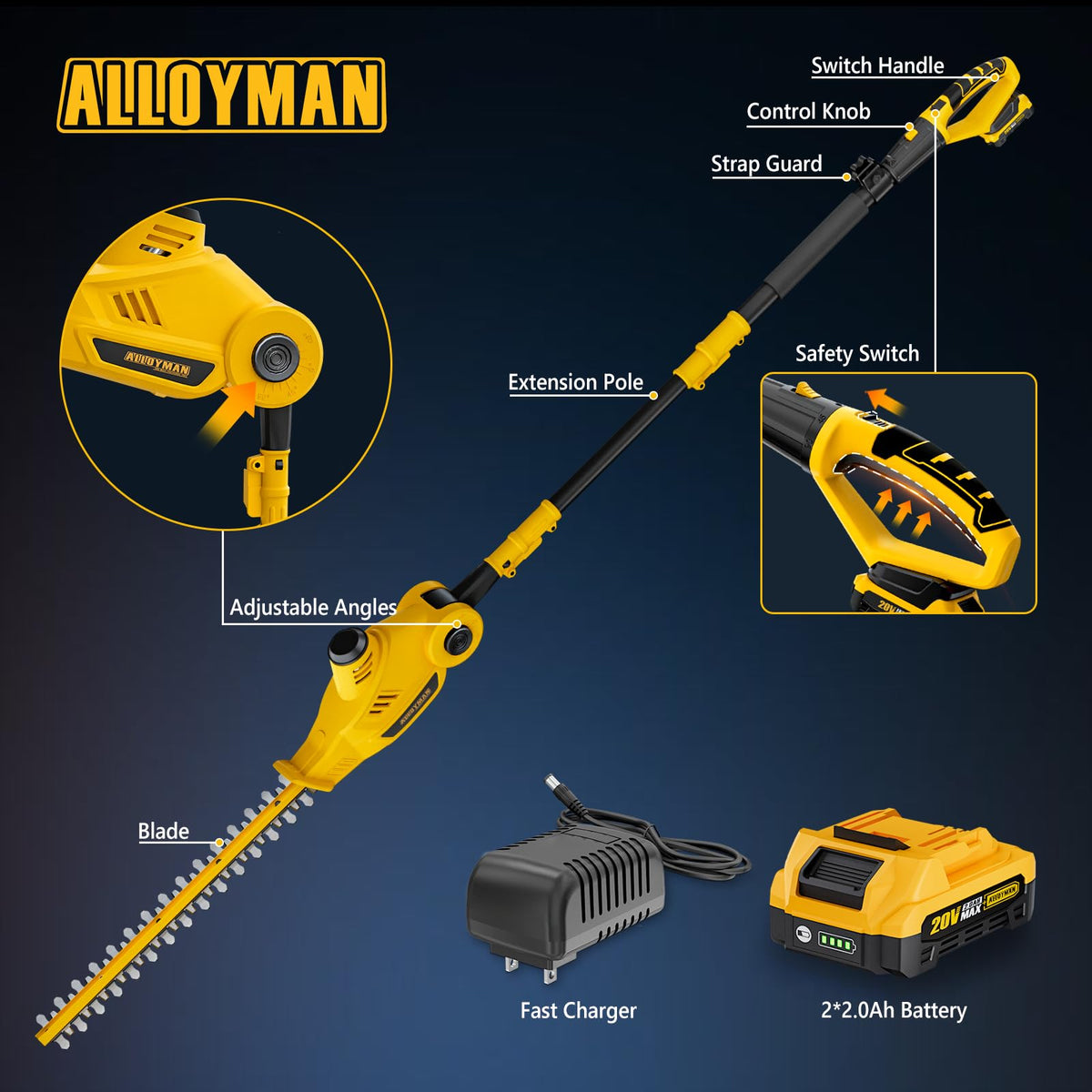 20V Cordless Pole Hedge Trimmer With 16-Inch Blades, 2 2.0Ah Batteries And Charger