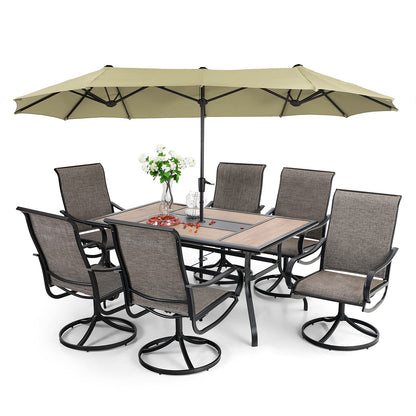 Patio Dining Set With Umbrella And 6 Sling Dining Swivel Chairs, 8-Piece - 60 x 37.4 x 28 Inches